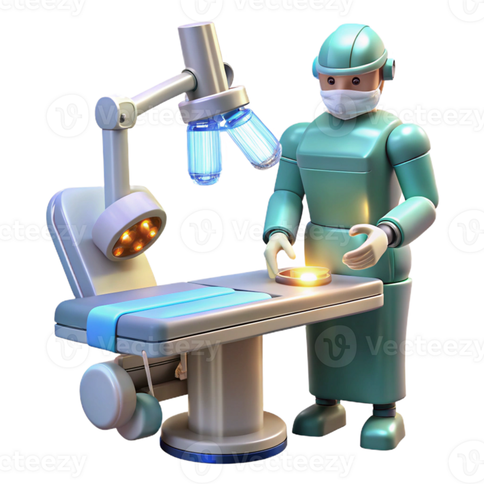 beautiful contemporary A robotic surgeon performing a delicate operation, illuminated by surgical lights, in a medical illustration style detailed png