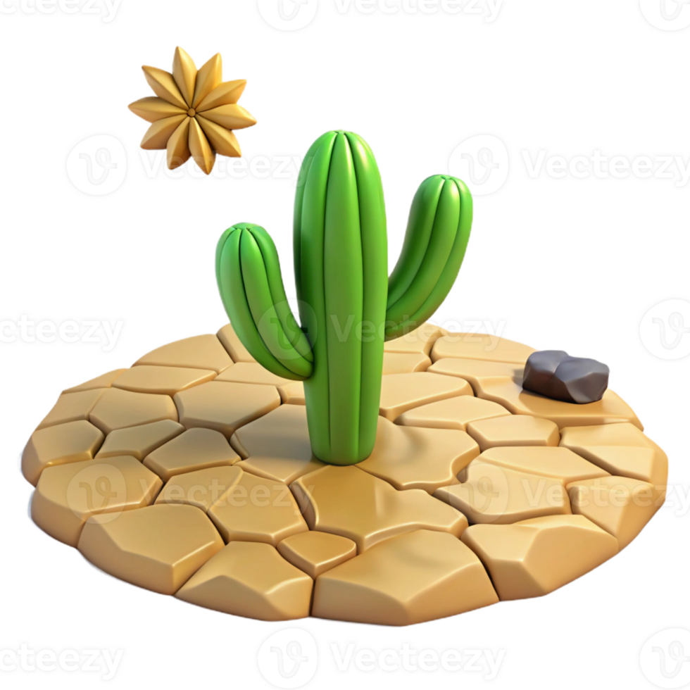 magnificent artistic A cracked desert floor with a single cactus, harsh sunlight, realistic style high resolution png