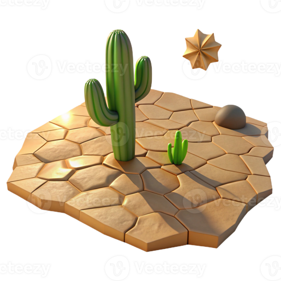extraordinary abstract A cracked desert floor with a single cactus, harsh sunlight, realistic style high resolution png