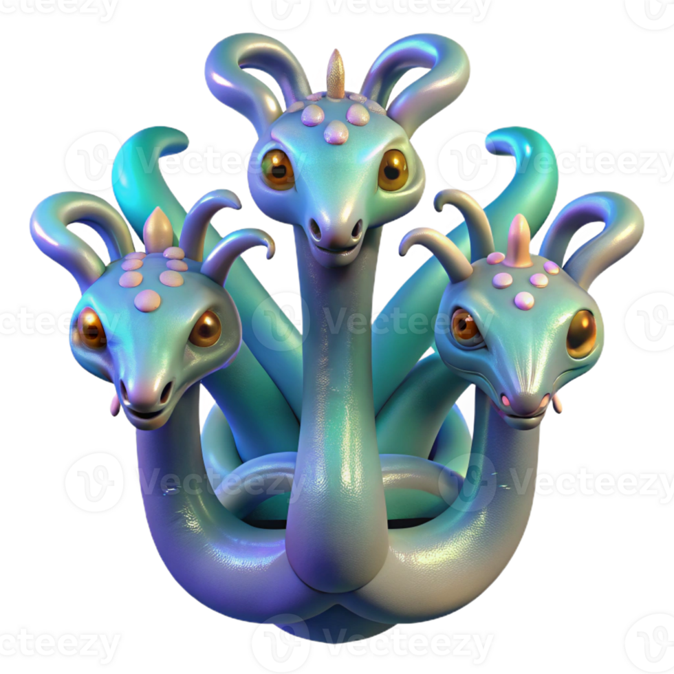 impressive classic A serene, multi-headed hydra with iridescent scales, each head unique and contemplative, lit by a soft bioluminescent glow, in the style of surrealism 4K png