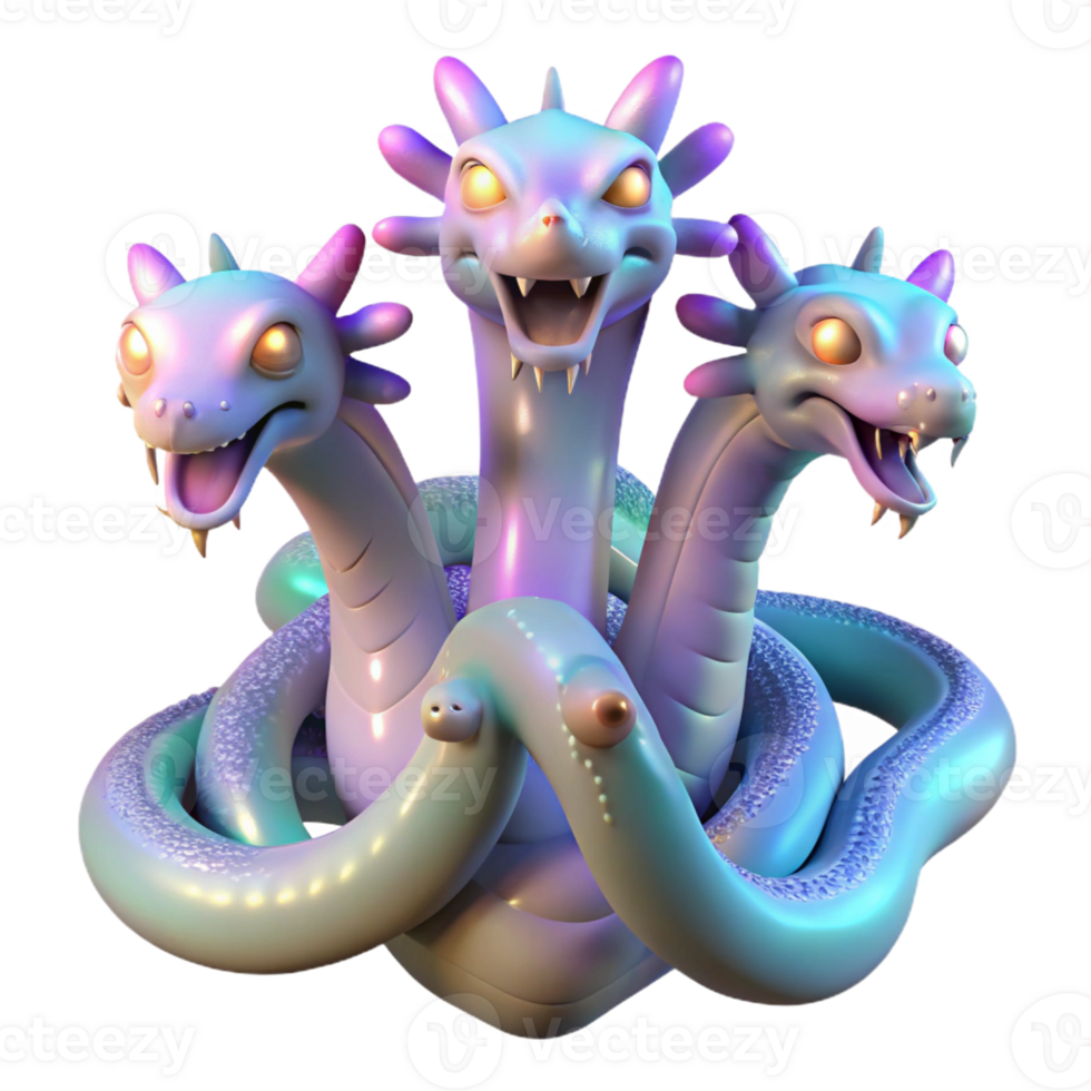 beautiful classic A serene, multi-headed hydra with iridescent scales, each head unique and contemplative, lit by a soft bioluminescent glow, in the style of surrealism original png