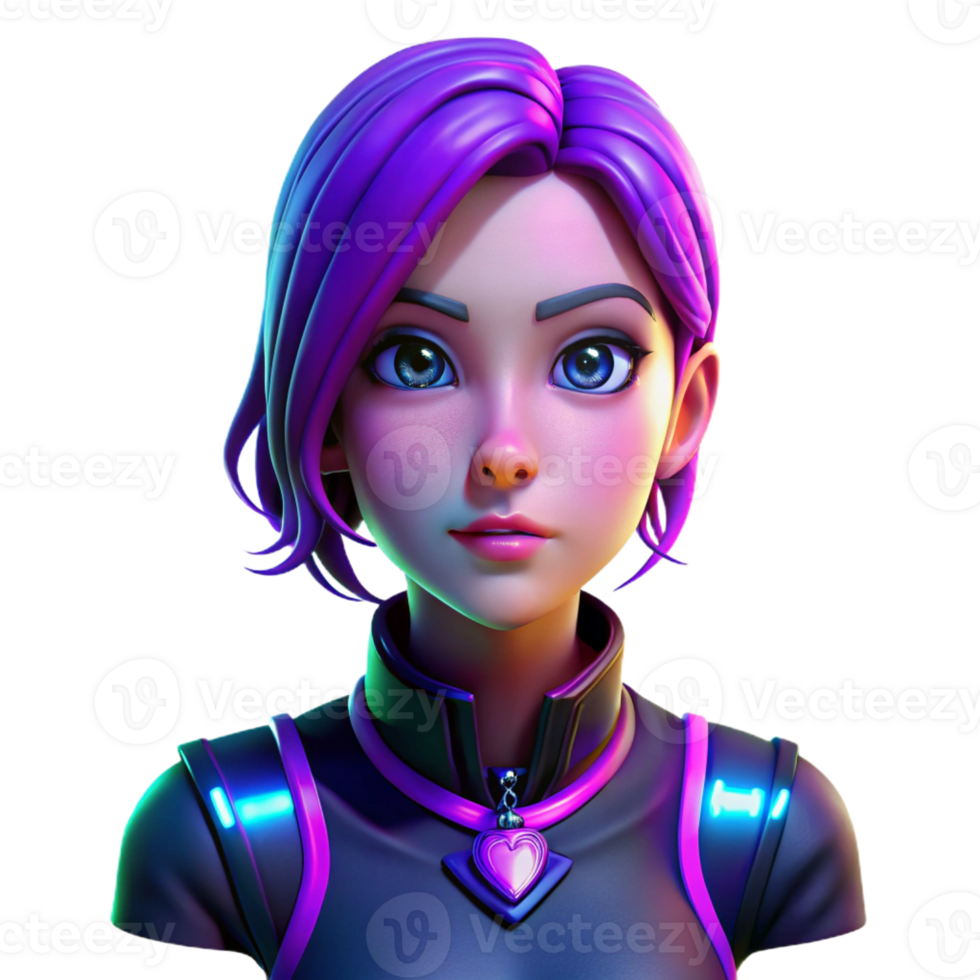 vibrant abstract Portrait of a teenage girl with vibrant purple hair and multiple piercings, illuminated by neon pink and blue lights, in a cyberpunk style premium png
