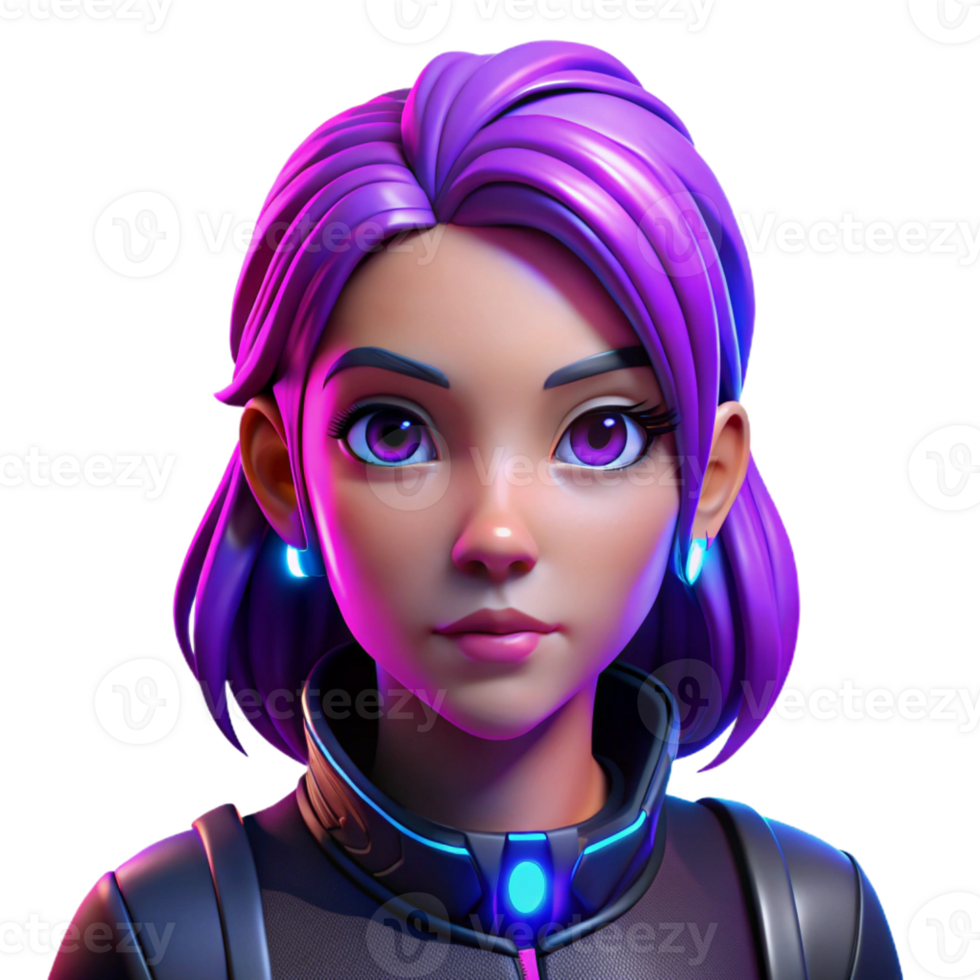 magnificent modern Portrait of a teenage girl with vibrant purple hair and multiple piercings, illuminated by neon pink and blue lights, in a cyberpunk style high resolution png