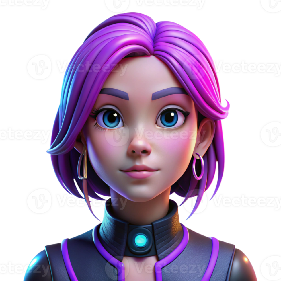 elegant minimalist Portrait of a teenage girl with vibrant purple hair and multiple piercings, illuminated by neon pink and blue lights, in a cyberpunk style exclusive png