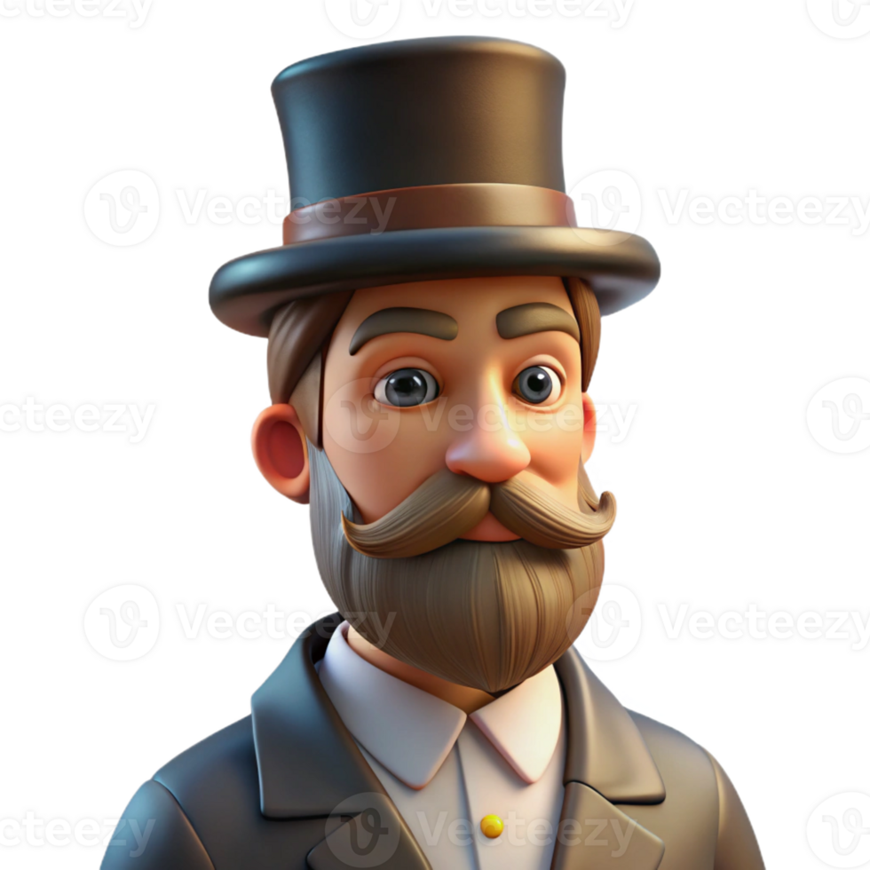 extraordinary traditional Portrait of a man with a long beard and mustache, wearing a top hat, lit by a warm, low-key light, in a vintage photographic style premium png