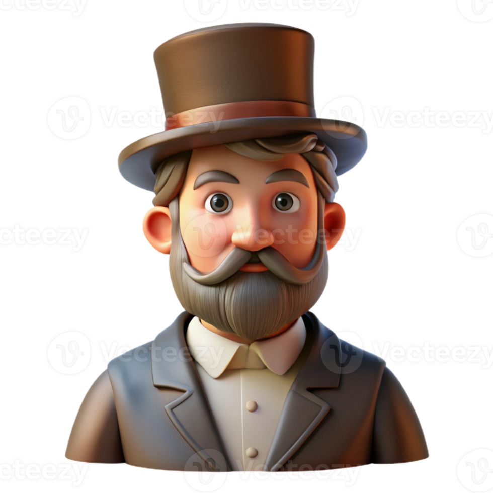 elegant vintage Portrait of a man with a long beard and mustache, wearing a top hat, lit by a warm, low-key light, in a vintage photographic style high resolution png