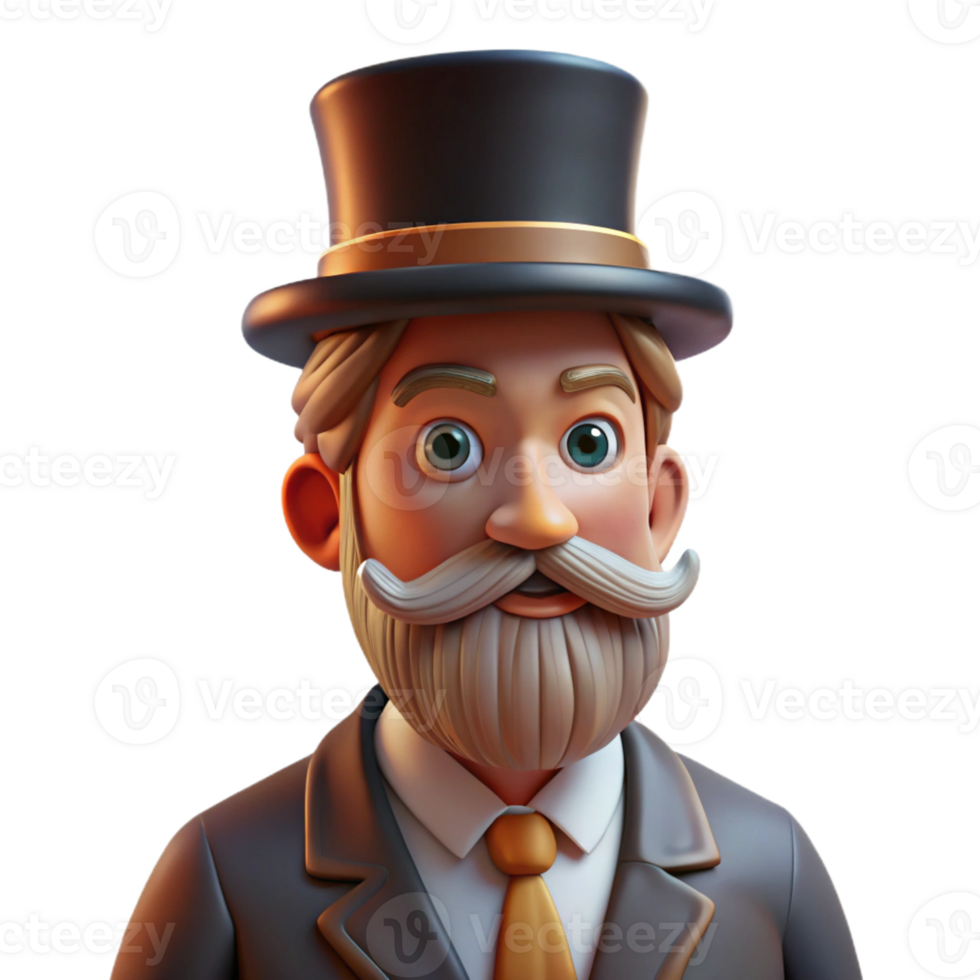 vibrant contemporary Portrait of a man with a long beard and mustache, wearing a top hat, lit by a warm, low-key light, in a vintage photographic style premium png