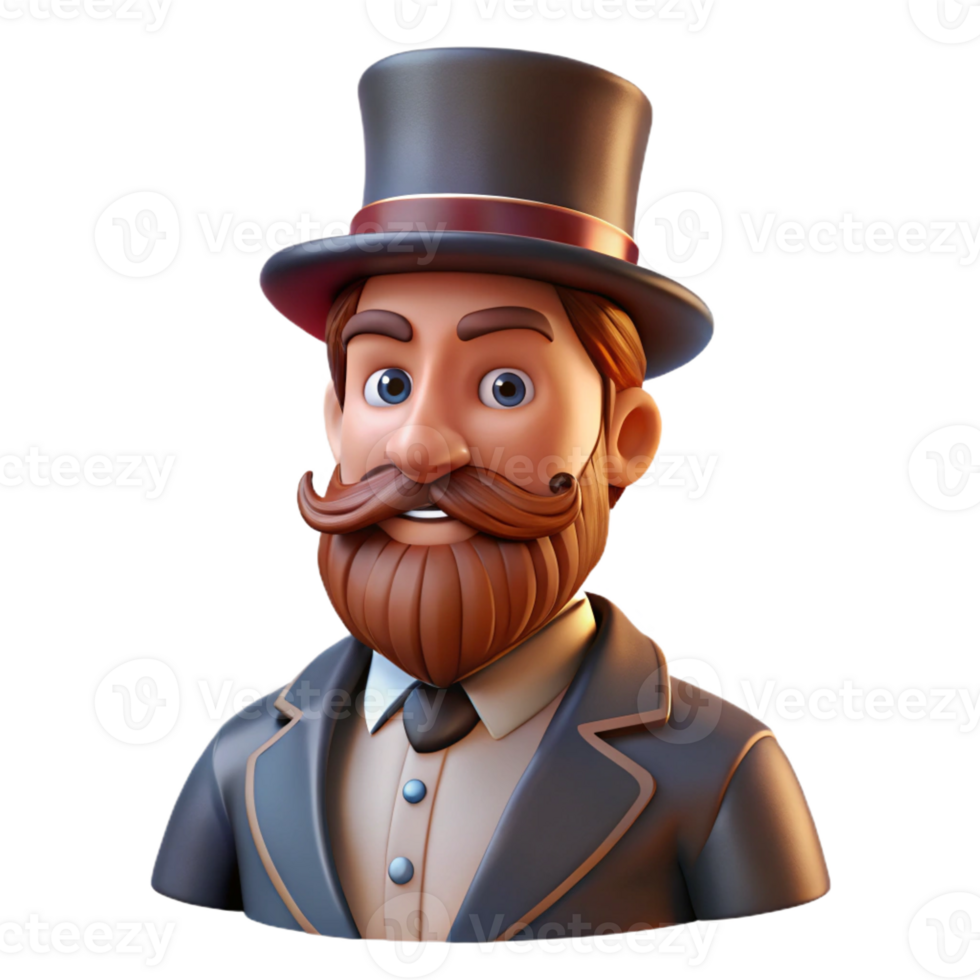 vibrant traditional Portrait of a man with a long beard and mustache, wearing a top hat, lit by a warm, low-key light, in a vintage photographic style original png