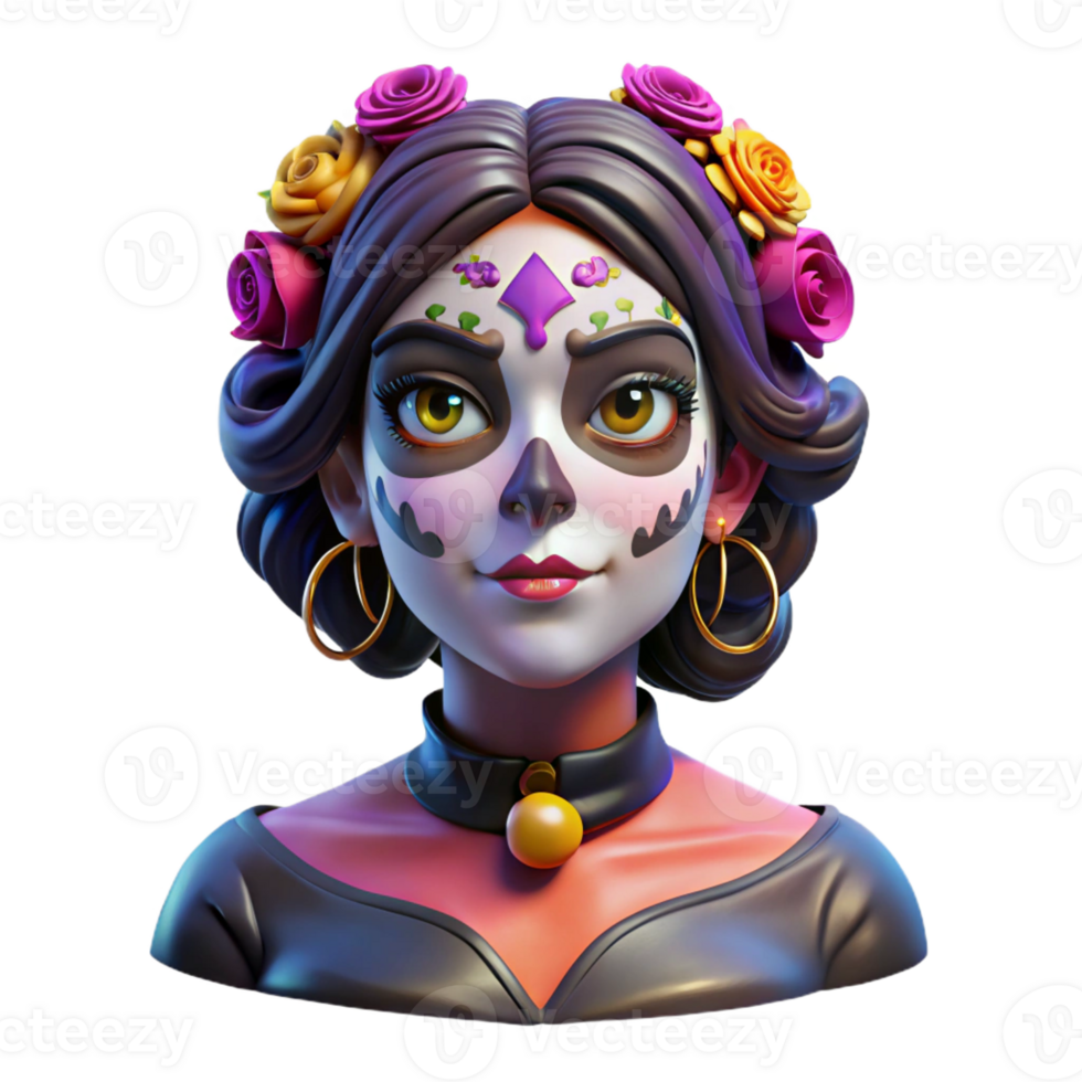wonderful rustic Portrait of a woman with elaborate face paint inspired by Dia de los Muertos, lit by dramatic, colorful lighting, in a surreal style authentic png