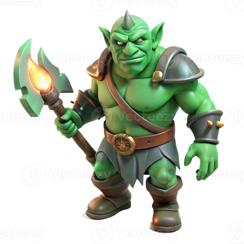 serene traditional A fierce, orc warrior with green skin, tusks, and a crude axe, lit by a torchlight, in the style of a dark fantasy painting detailed png