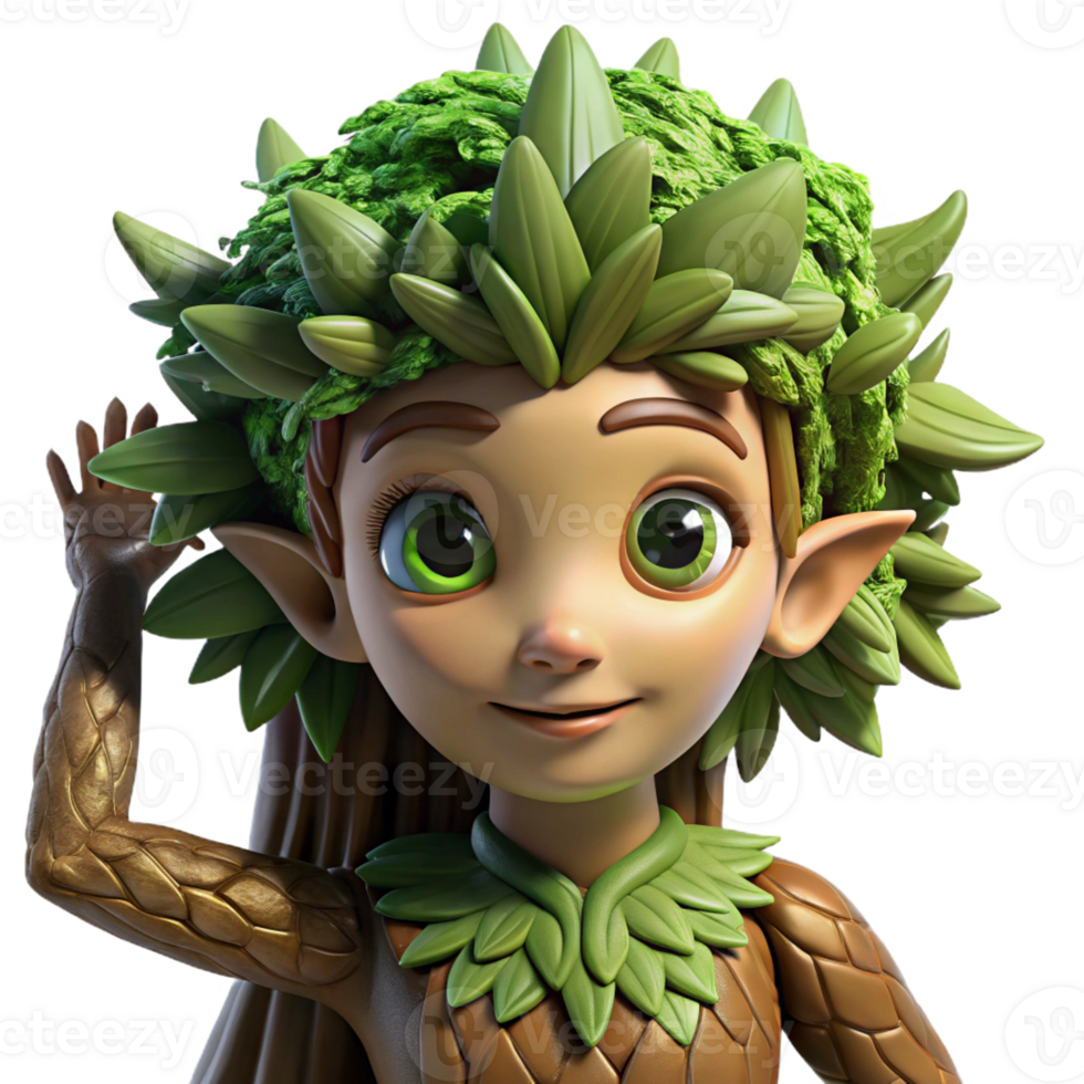 wonderful rustic A wise, dryad with bark-like skin and leafy hair, emerging from a tree trunk, lit by dappled sunlight, in the style of a fantasy illustration high quality png