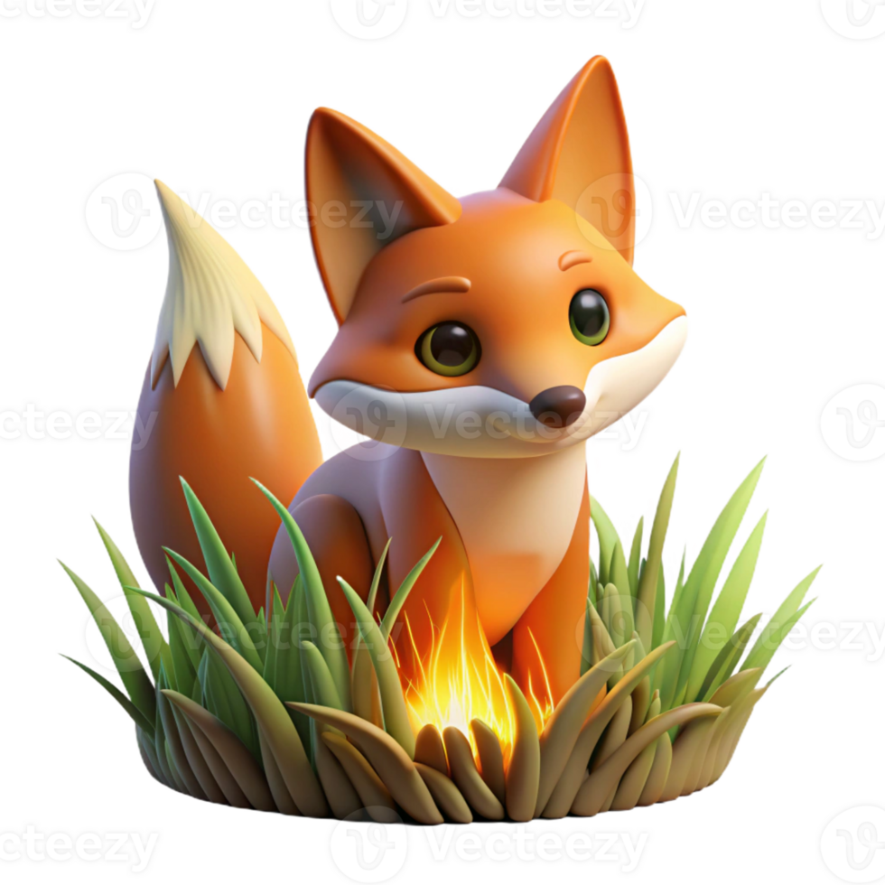 dramatic classic A sly fox peering through tall grass, illuminated by the warm glow of a campfire, in a stylized, graphic novel style 4K png