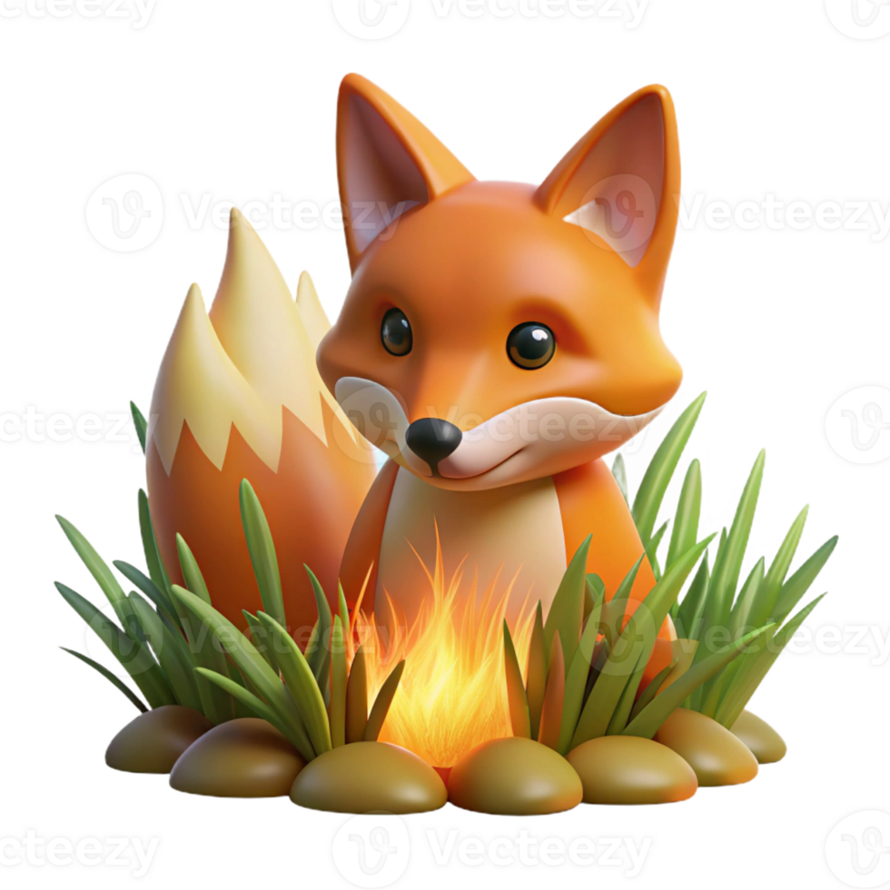 dramatic rustic A sly fox peering through tall grass, illuminated by the warm glow of a campfire, in a stylized, graphic novel style high resolution png