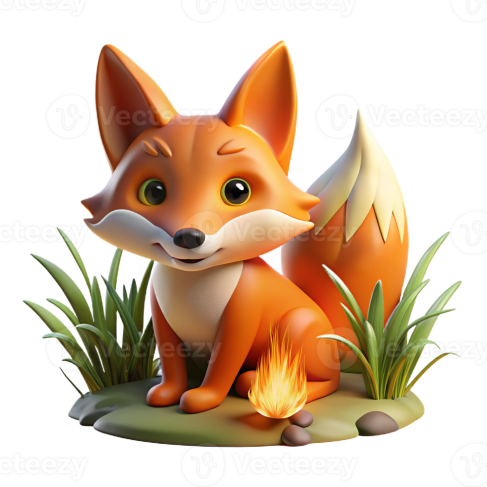 beautiful artistic A sly fox peering through tall grass, illuminated by the warm glow of a campfire, in a stylized, graphic novel style authentic png