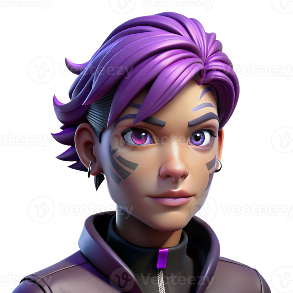 elegant rustic Portrait of a non-binary person with short, purple hair and intricate facial tattoos, cyberpunk style, dramatic chiaroscuro lighting high quality png