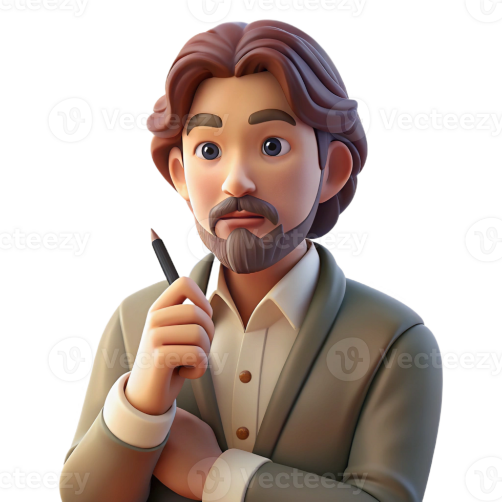 impressive contemporary Portrait of a writer deep in thought, holding a pen, soft window light, vintage photography style high resolution png
