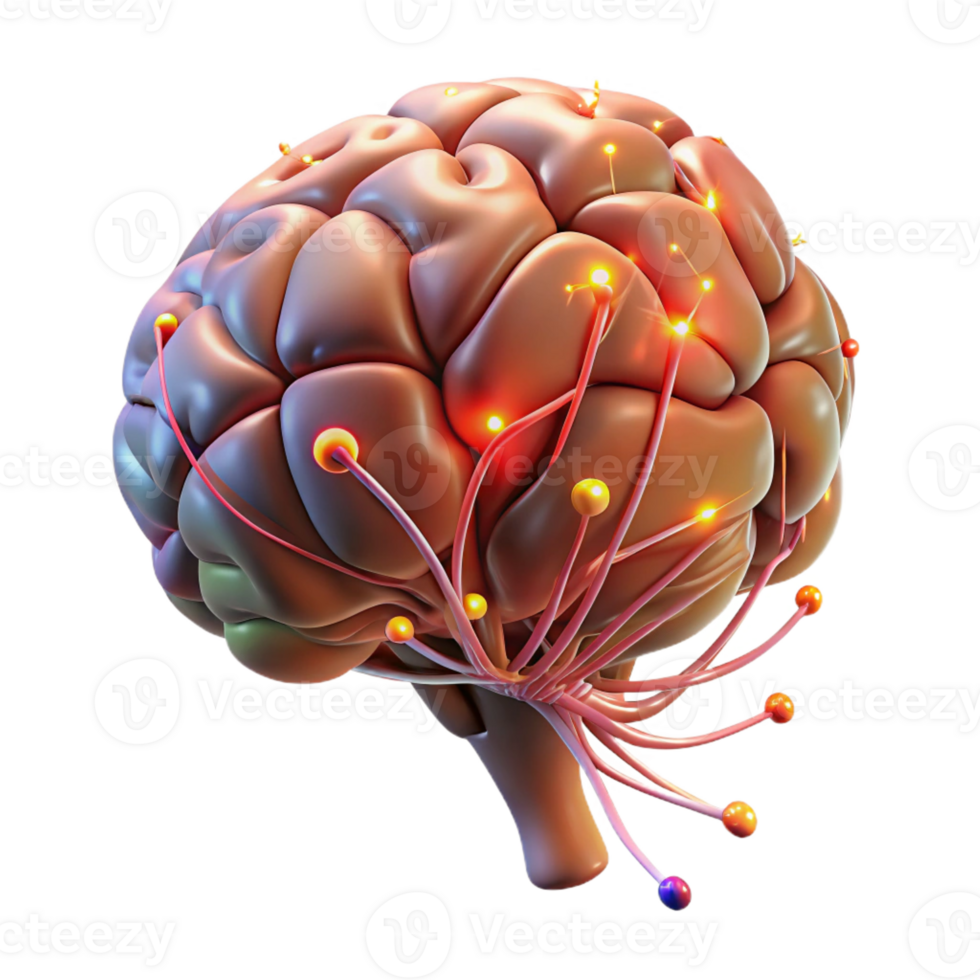 vibrant artistic A 3D model of a human brain, neural pathways firing with electrical impulses, illuminated by dynamic, shifting colors, medical visualization style detailed png