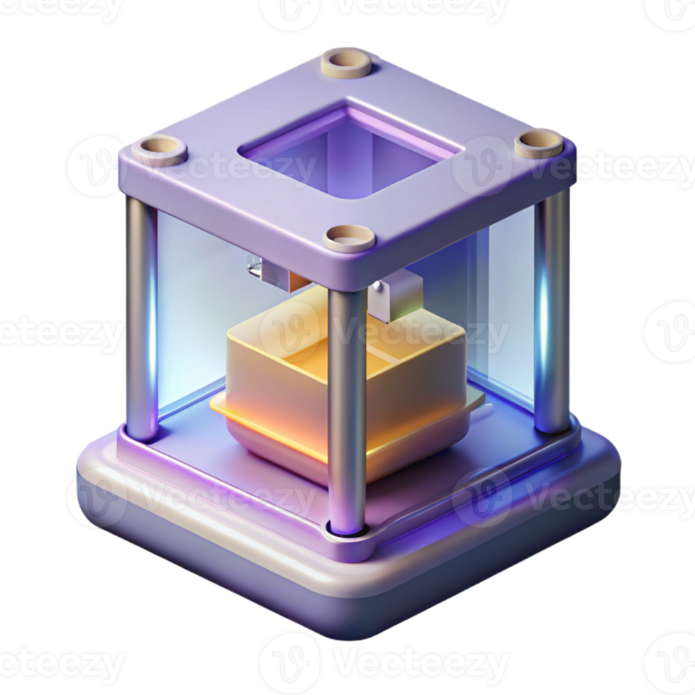 dramatic vintage A 3D printer creating a complex object layer by layer, illuminated by the printer's internal light, 3D printing technology visualization style original png
