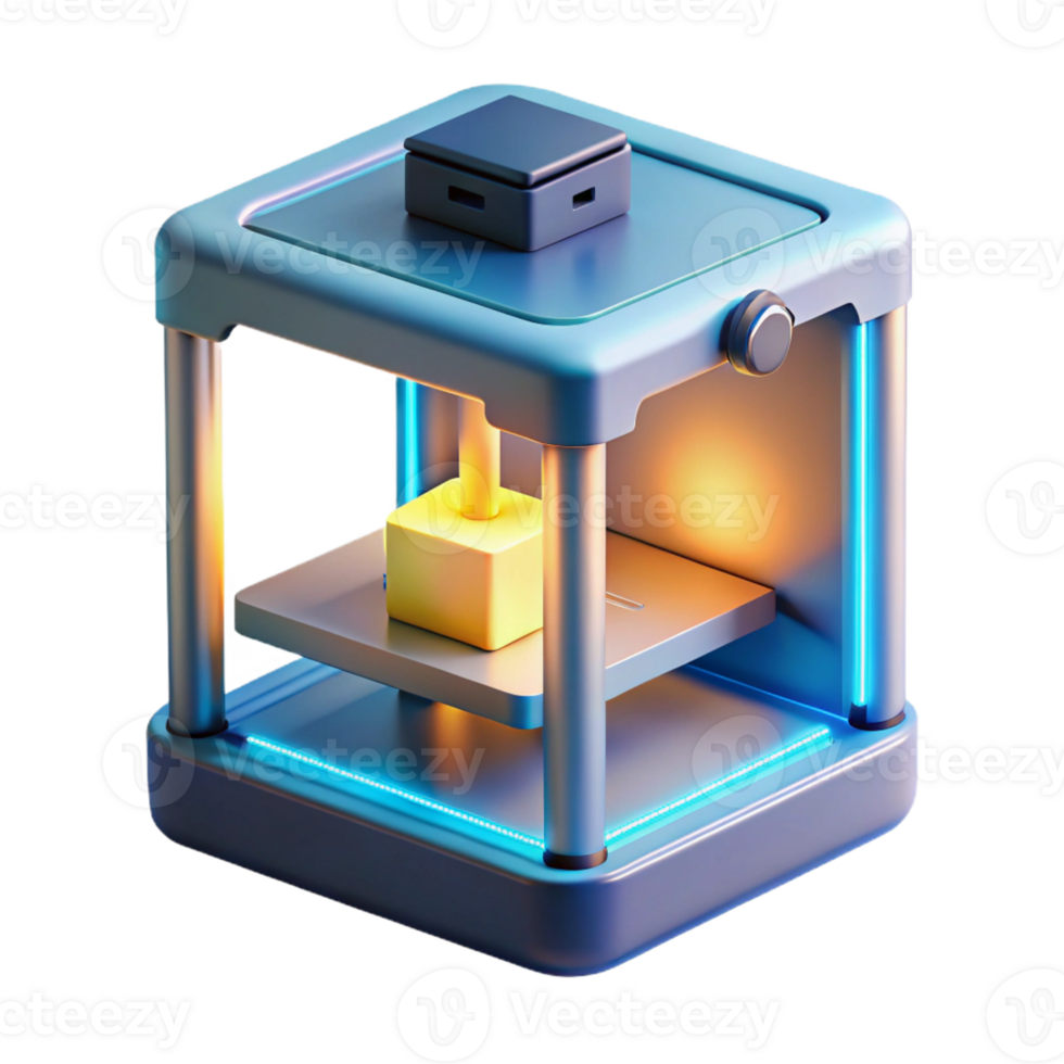 stunning traditional A 3D printer creating a complex object layer by layer, illuminated by the printer's internal light, 3D printing technology visualization style high resolution png