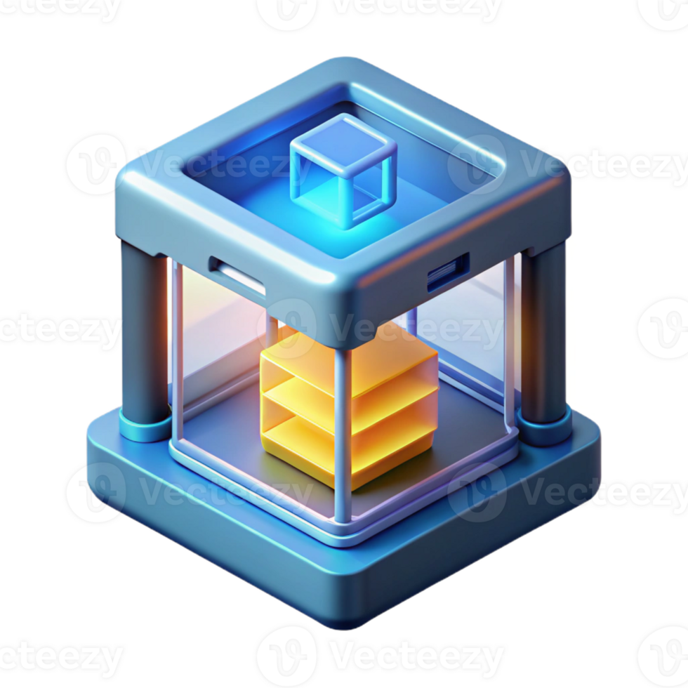 extraordinary minimalist A 3D printer creating a complex object layer by layer, illuminated by the printer's internal light, 3D printing technology visualization style premium png