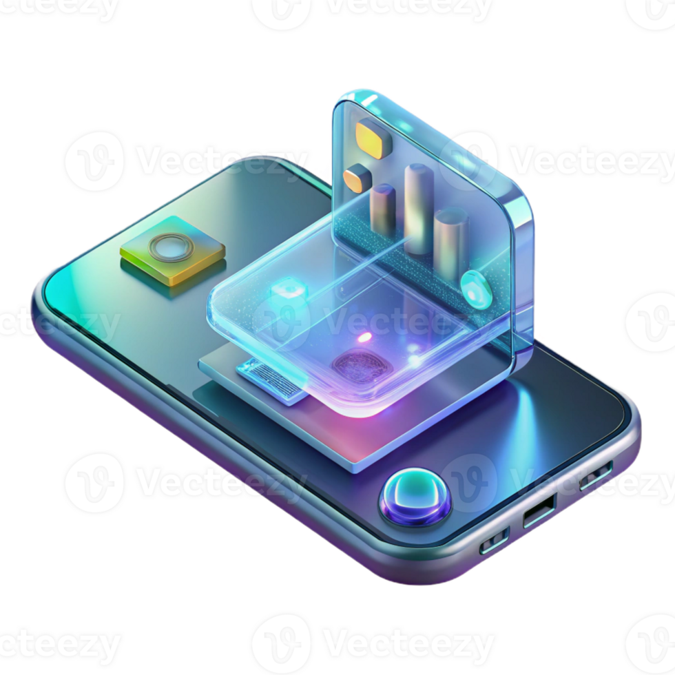 magnificent vintage A transparent smartphone displaying holographic applications, sleek futuristic design, illuminated by the holographic projections, mobile technology concept art style exclusive png