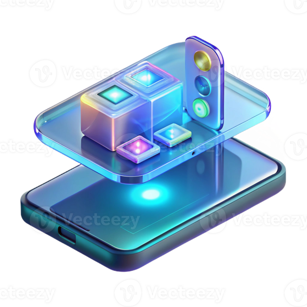 serene vintage A transparent smartphone displaying holographic applications, sleek futuristic design, illuminated by the holographic projections, mobile technology concept art style professional png