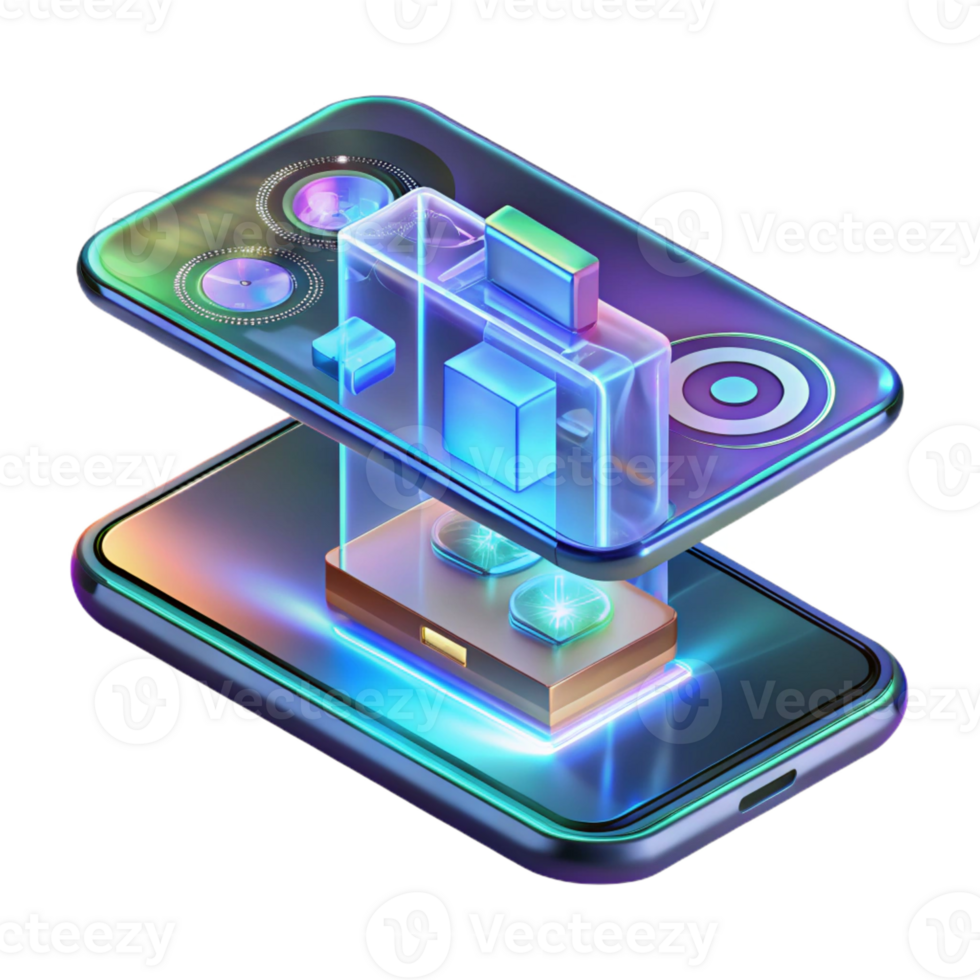 stunning rustic A transparent smartphone displaying holographic applications, sleek futuristic design, illuminated by the holographic projections, mobile technology concept art style exclusive png