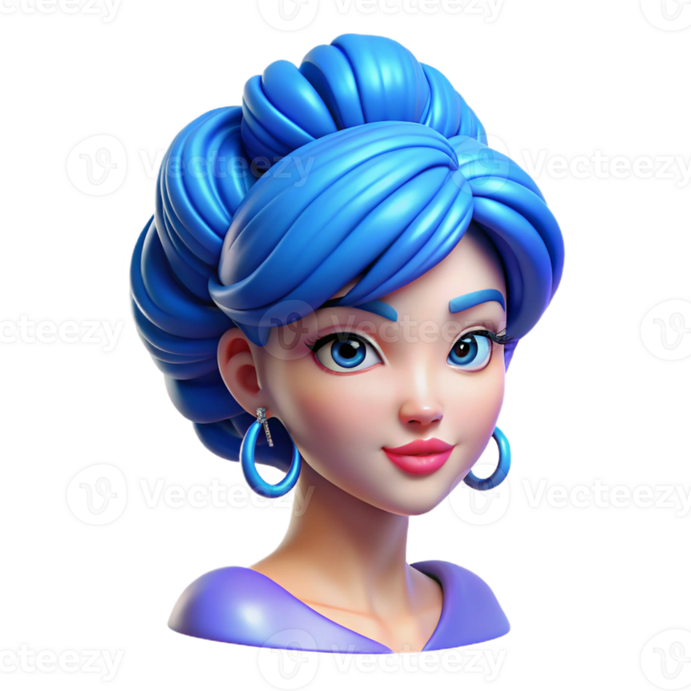 dramatic vintage Portrait of a young woman with vibrant blue hair styled in an elaborate updo, wearing pearl earrings, lit by soft studio lighting, in a fashion photography style authentic png