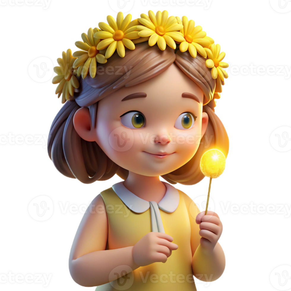 wonderful rustic Portrait of a little girl wearing a flower crown, holding a dandelion, lit by golden hour sunlight, in a whimsical style exclusive png