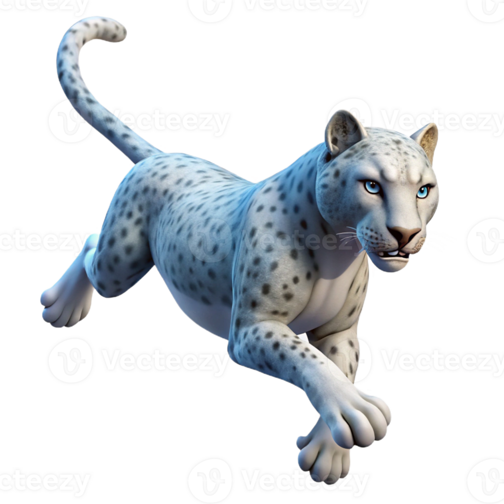 impressive modern A majestic snow leopard leaping through the air, mid-pounce, illuminated by a soft, ethereal moonlight, rendered in a hyperrealistic style 4K png