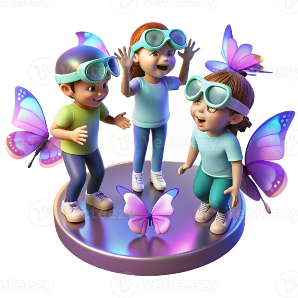 elegant classic A group of children playing with holographic butterflies in a virtual reality playground. Bright, cheerful lighting. Anime style high quality png
