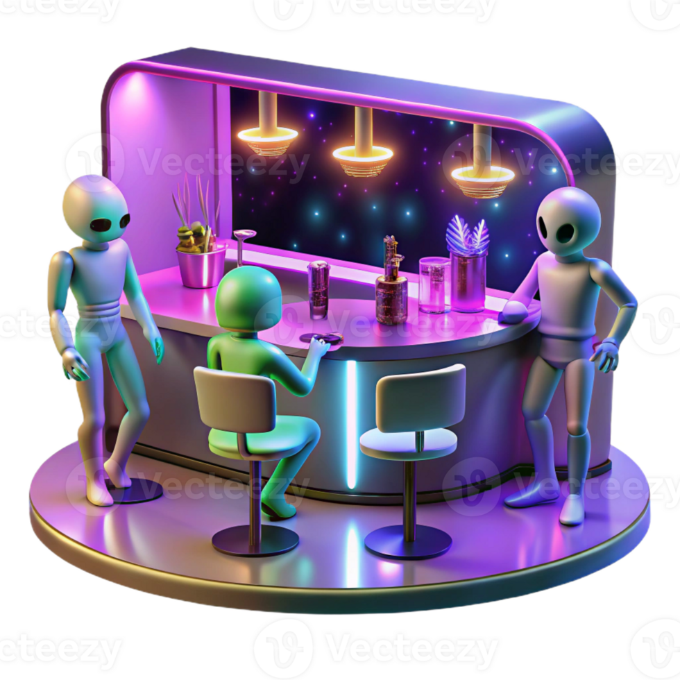 extraordinary rustic A futuristic bar scene with alien patrons and holographic dancers, bathed in neon light. Lively, energetic lighting. Cyberpunk style genuine png