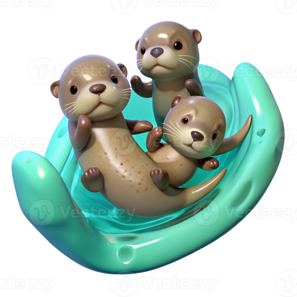 impressive abstract A playful family of otters holding hands, floating on their backs in crystal-clear turquoise water, vibrant impressionist painting style detailed png