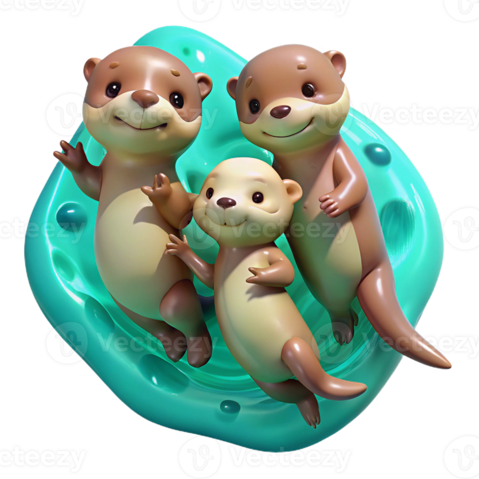 wonderful vintage A playful family of otters holding hands, floating on their backs in crystal-clear turquoise water, vibrant impressionist painting style authentic png