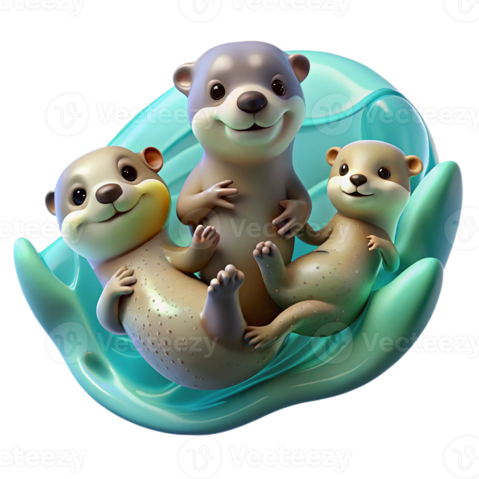 serene traditional A playful family of otters holding hands, floating on their backs in crystal-clear turquoise water, vibrant impressionist painting style professional png