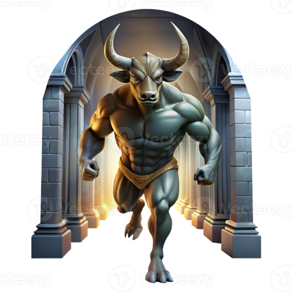impressive minimalist A powerful minotaur, half-man, half-bull, charging through a labyrinthine corridor, lit by dramatic chiaroscuro lighting. Renaissance painting style 4K png