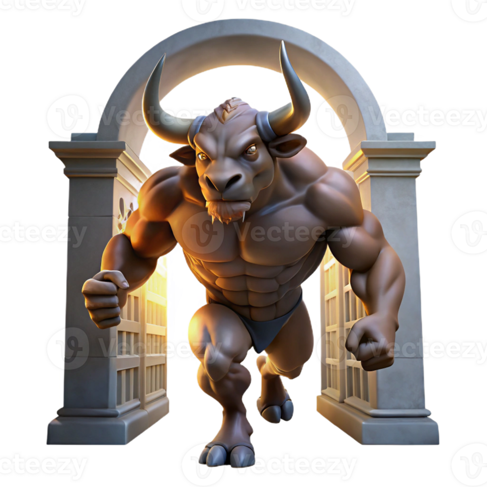 dramatic minimalist A powerful minotaur, half-man, half-bull, charging through a labyrinthine corridor, lit by dramatic chiaroscuro lighting. Renaissance painting style authentic png