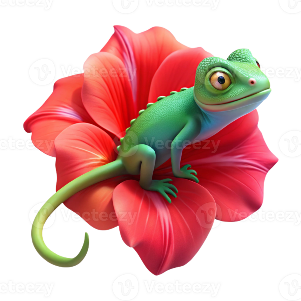 elegant modern A vibrant chameleon clinging to a bright red hibiscus flower, showcasing its iridescent skin, macro photography style, bright natural lighting high resolution png