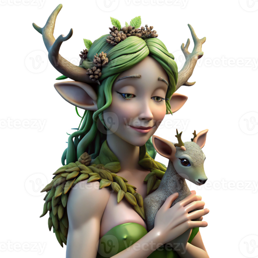 elegant rustic A serene dryad, her skin made of bark and moss, cradling a fawn in a sun-drenched forest clearing. Hyperrealistic style premium png