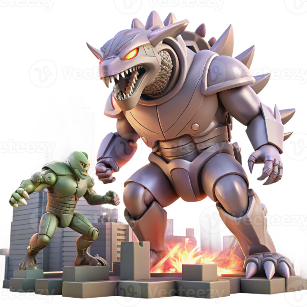 elegant classic A giant robot battling a colossal alien creature in a futuristic city. Chaotic, destructive lighting. Kaiju movie poster style premium png