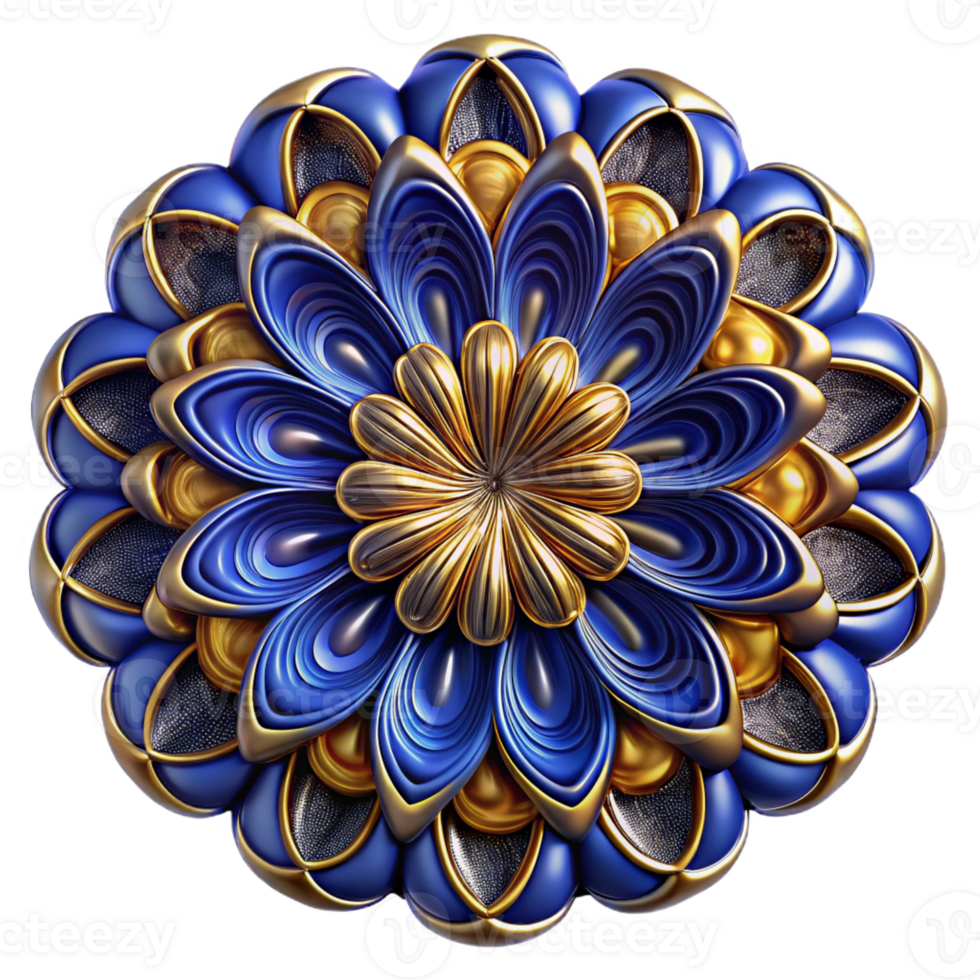 impressive traditional A complex, fractal pattern, rendered in shades of deep blue and gold, with a hypnotic, intricate design high quality png