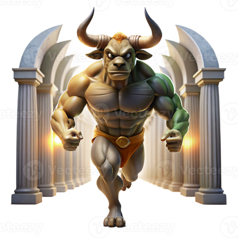 impressive abstract A powerful minotaur, half-man, half-bull, charging through a labyrinthine corridor, lit by dramatic chiaroscuro lighting. Renaissance painting style authentic png