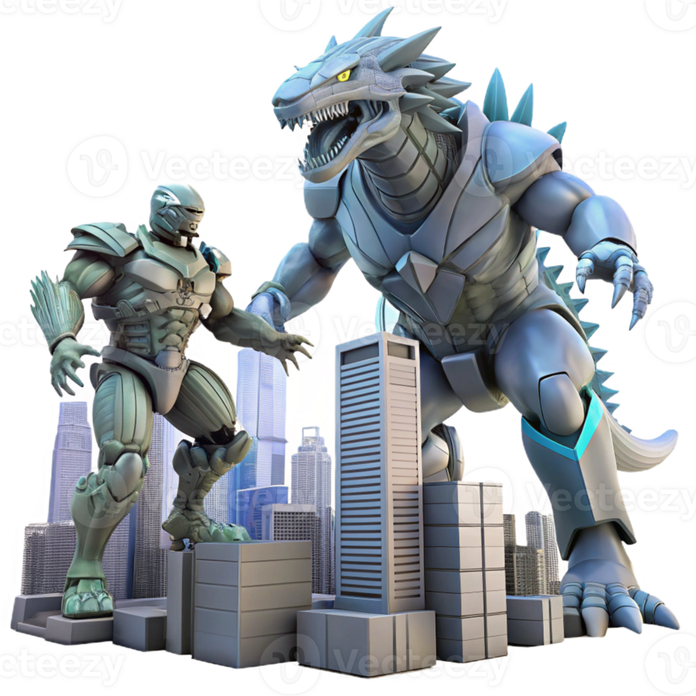 serene abstract A giant robot battling a colossal alien creature in a futuristic city. Chaotic, destructive lighting. Kaiju movie poster style authentic png