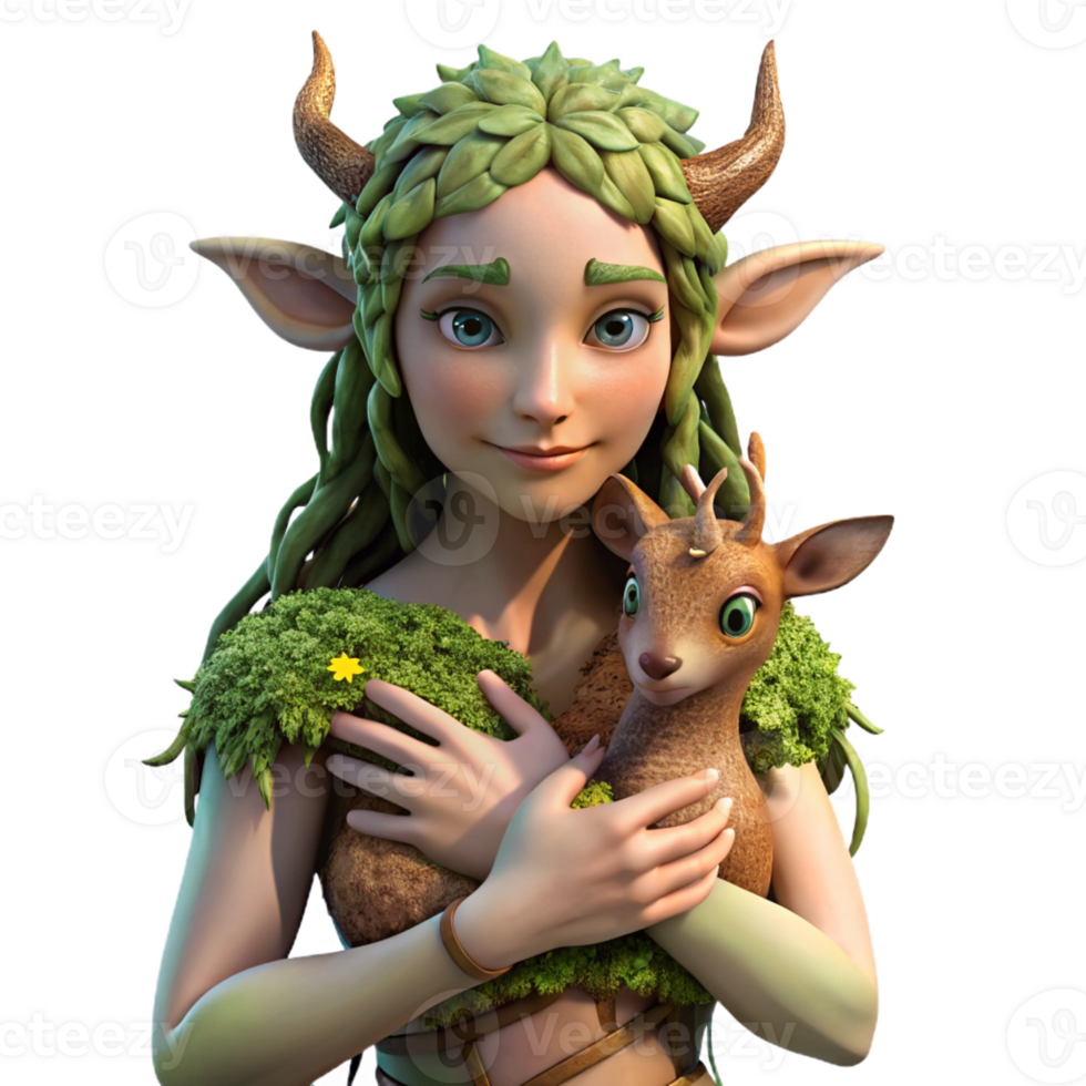stunning modern A serene dryad, her skin made of bark and moss, cradling a fawn in a sun-drenched forest clearing. Hyperrealistic style high resolution png