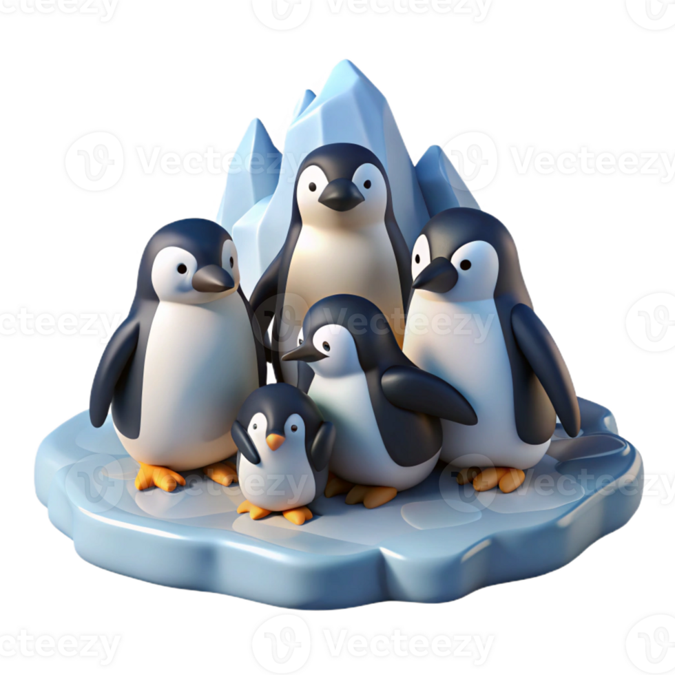magnificent artistic A group of penguins huddled together on an icy shore, Antarctic setting, cold lighting, realistic style premium png