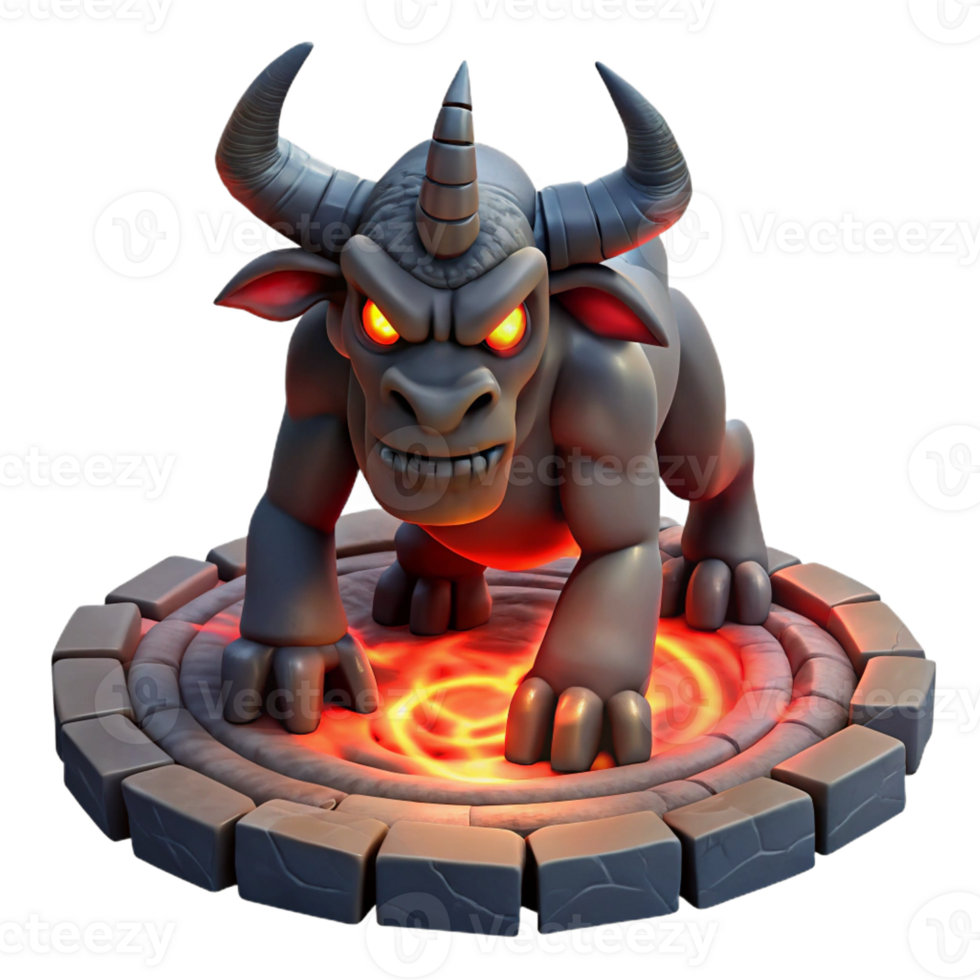 elegant modern A powerful minotaur with glowing red eyes, trapped within a labyrinth of dark stone, lit by flickering torches, in a dark fantasy style premium png