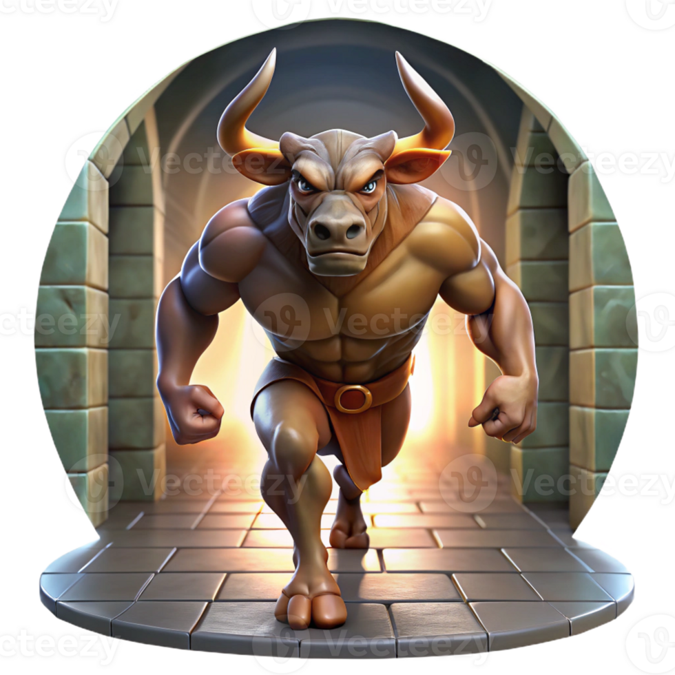 vibrant artistic A powerful minotaur, half-man, half-bull, charging through a labyrinthine corridor, lit by dramatic chiaroscuro lighting. Renaissance painting style detailed png