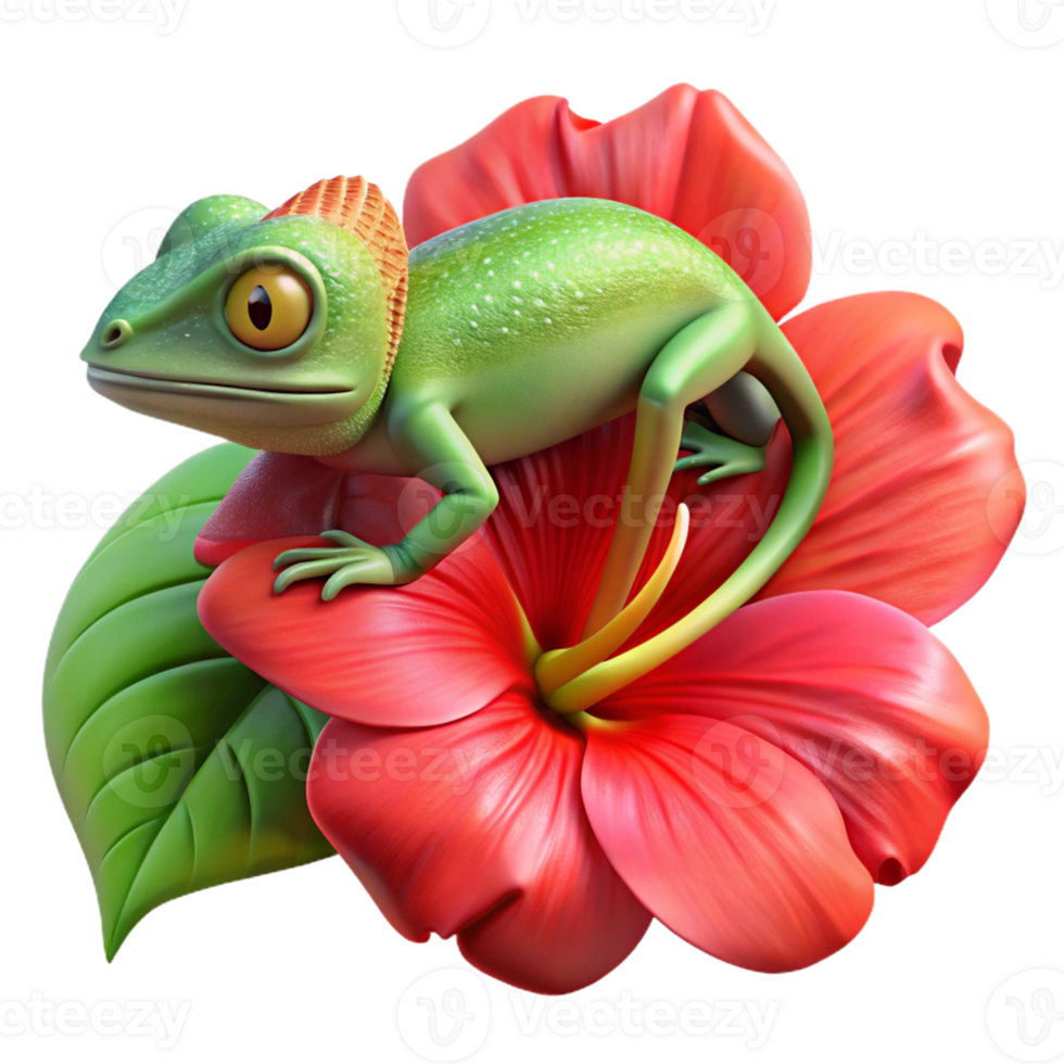 beautiful modern A vibrant chameleon clinging to a bright red hibiscus flower, showcasing its iridescent skin, macro photography style, bright natural lighting premium png