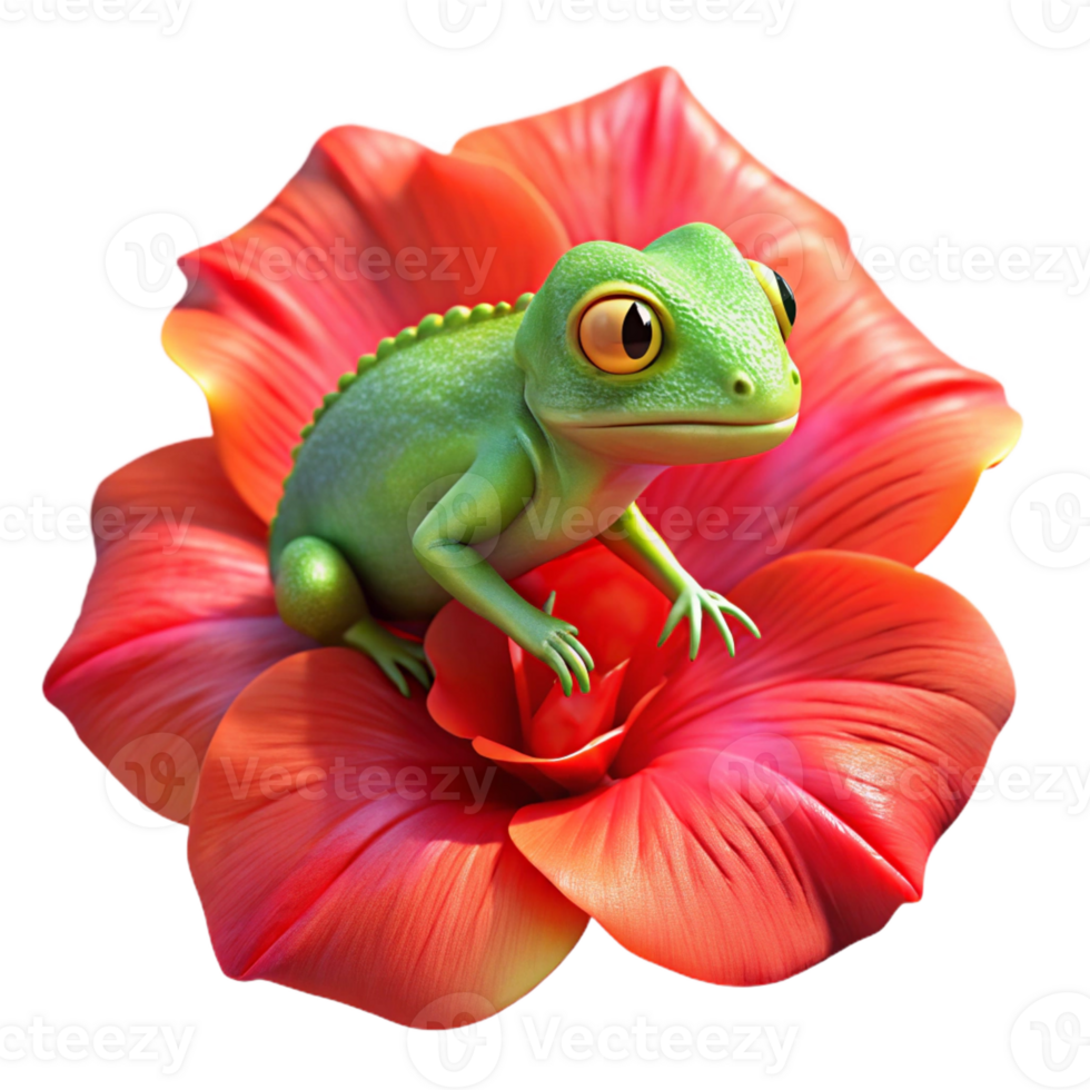 serene creative A vibrant chameleon clinging to a bright red hibiscus flower, showcasing its iridescent skin, macro photography style, bright natural lighting original png