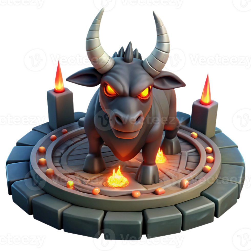 vibrant rustic A powerful minotaur with glowing red eyes, trapped within a labyrinth of dark stone, lit by flickering torches, in a dark fantasy style original png